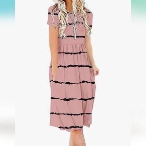 DB MOON Women Summer Casual Short Sleeve Dresses Empire Waist Dress with Pockets